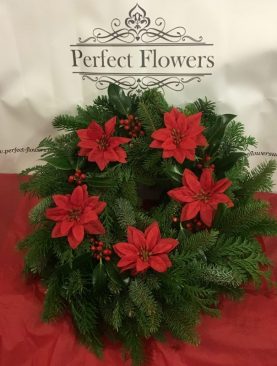 Spruce Wreath with Artificial Poinsettia Flowers