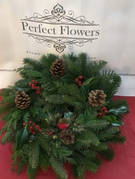 Spruce Wreath with Pine Cones and Robin